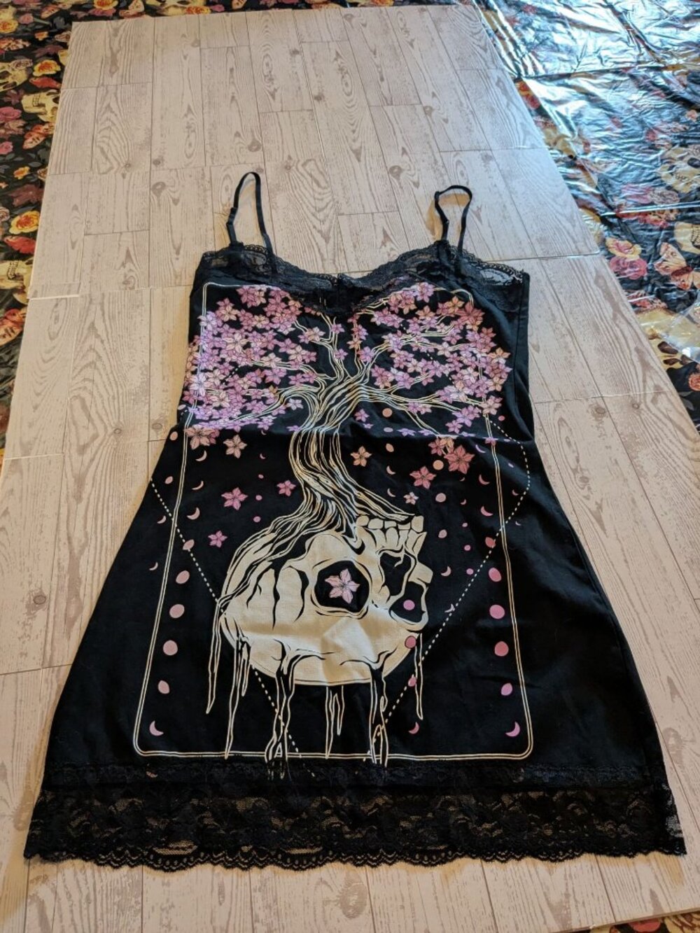 Black Lace Cami Cherry Blossom & Skull Adjustable Straps Gothic Size Small